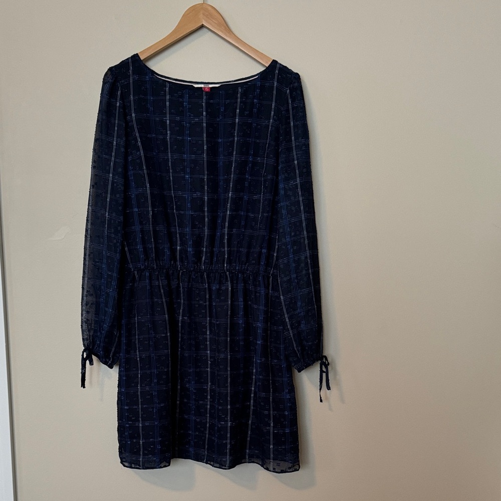Tommy Hilfiger Navy Long-Sleeve Checked Tie-Waist Dress